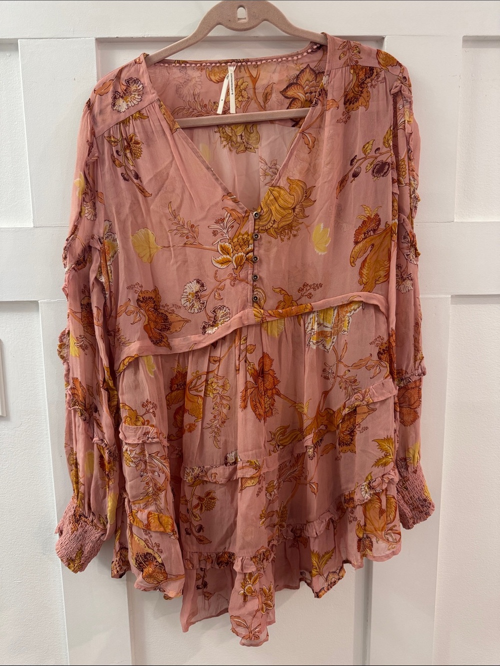 Anthropologie Dusty Rose Floral Tiered Ruffle Blouse
